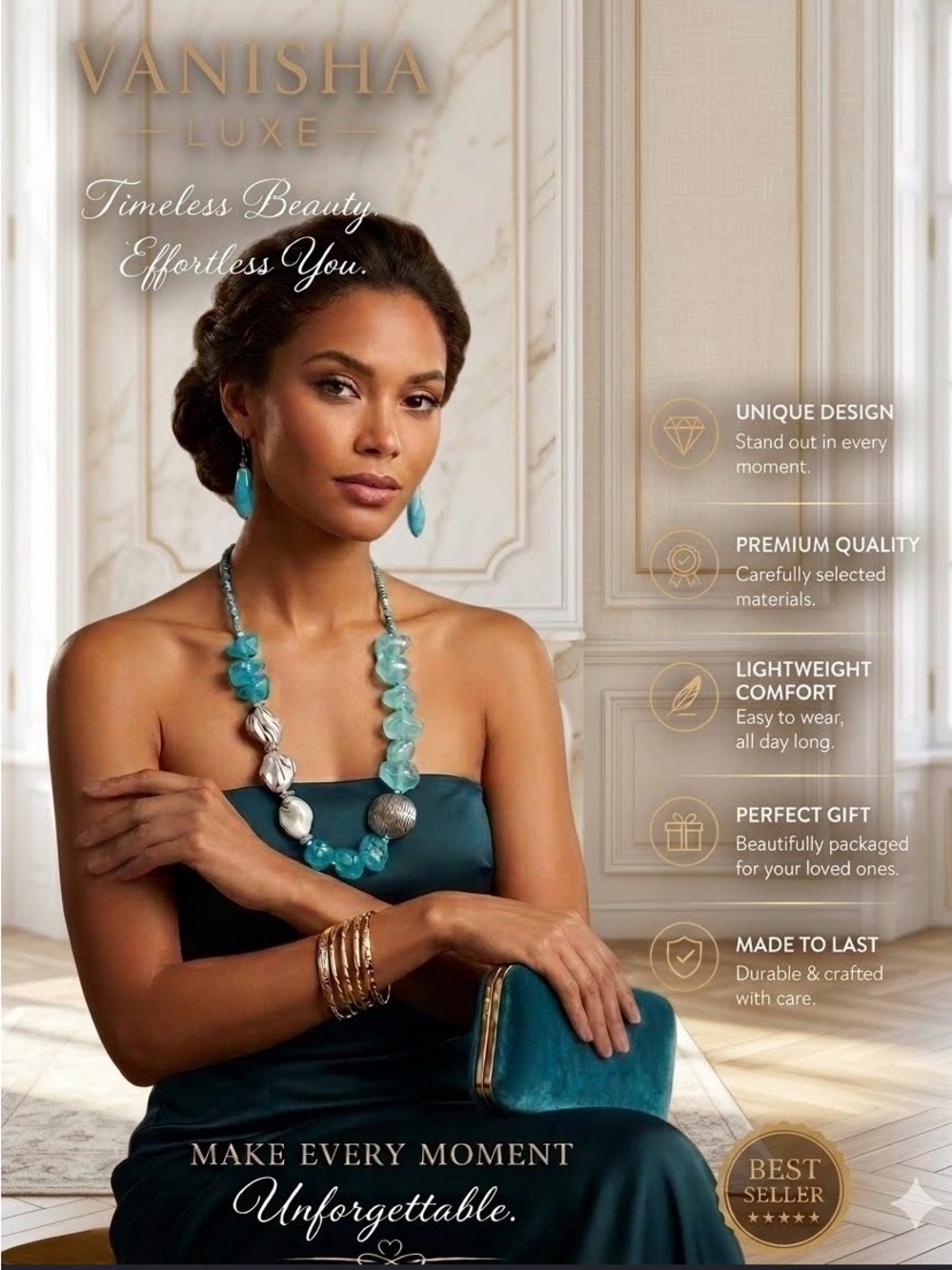 VANISHA LUXE Turquoise Statement Necklace and Earrings Set: Luxury, Bold & Glam